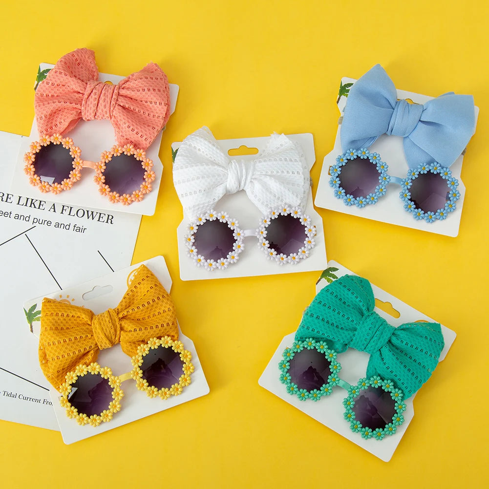 2Pcs Kids Sunglasses Adband Set Daisy Flower Round Toddler Sun